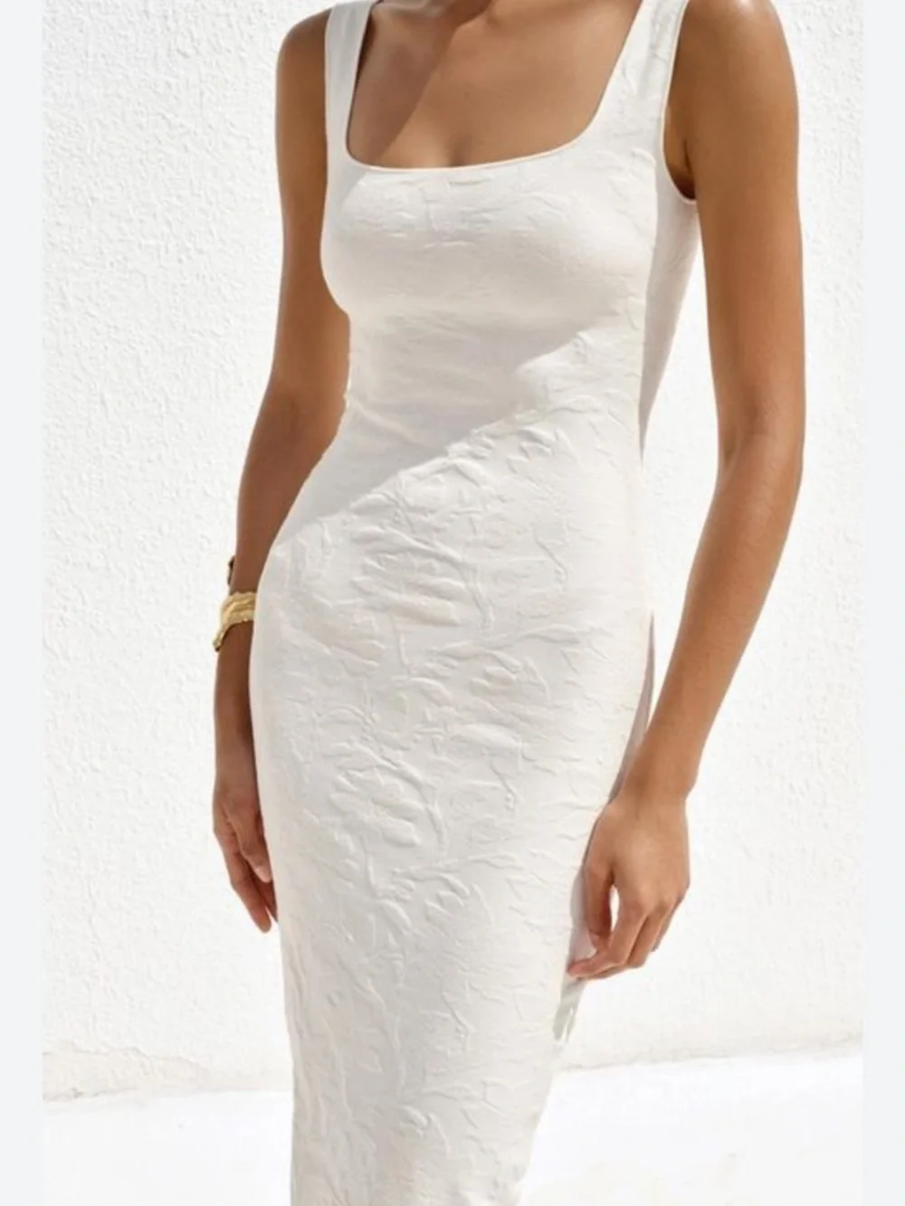 Zara White Floral Embossed Print Square-Neck Midi Bodycon Tank Dress Large - Picture 2 of 7